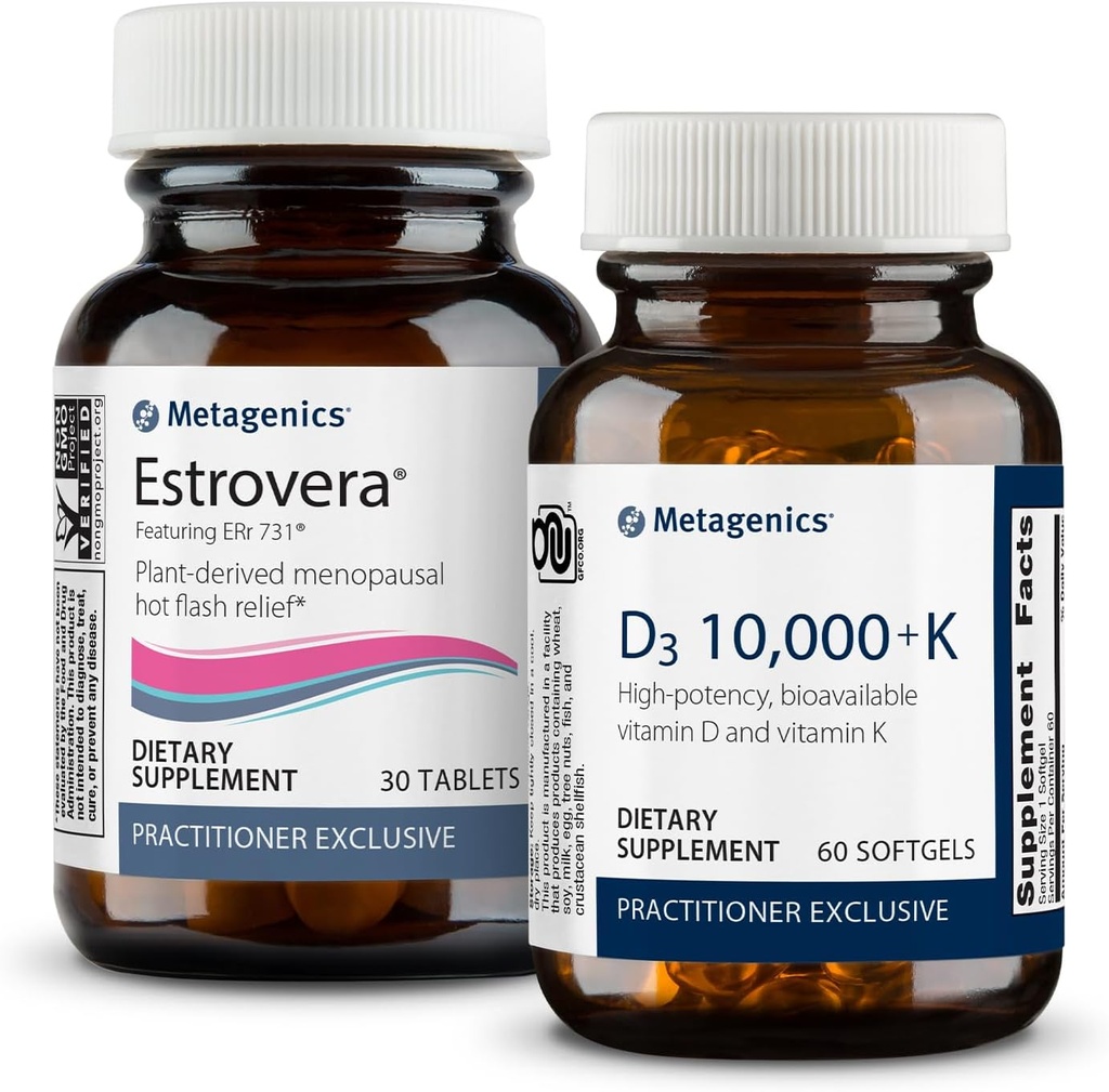 Métagénique Ménopause Duo: HerWellness Estrovera - Supplément de soutien à la ménopause sans hormones - 30 comprimés et vitamine D3 10 000 + K - pour la santé des os et du coeur - 60 Softgels
