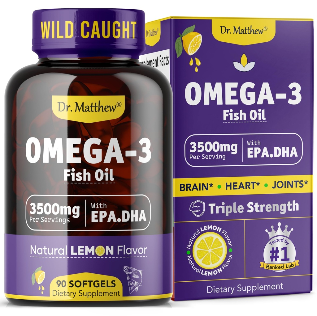 Huile de poisson Omega-3, 3500 mg, haute EPA et DHA – Pas de goût de poisson, facile à avaler, sans Burpless, citron naturel – soutient la santé du coeur, du cerveau et des articulations – 90 Softgels – Sauvage pris.