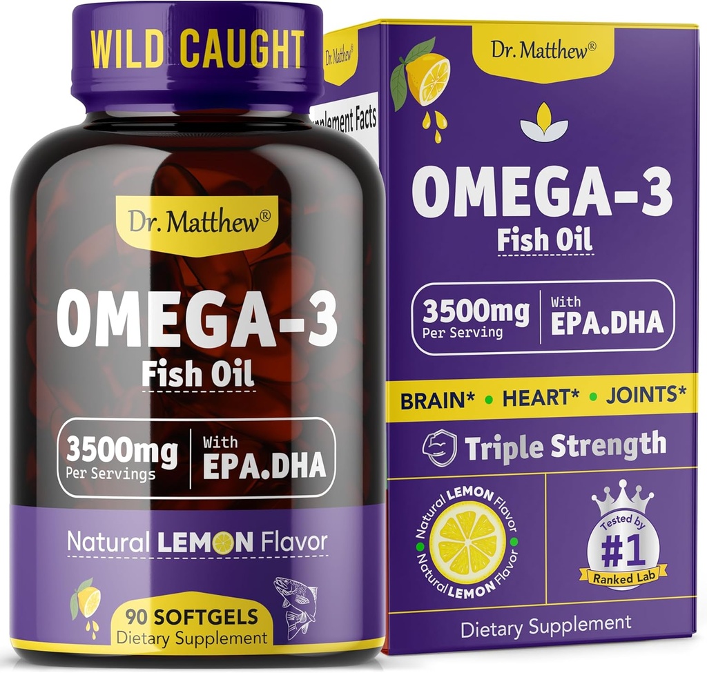 Huile de poisson Omega-3, 3500 mg, haute EPA et DHA – Pas de goût de poisson, facile à avaler, sans Burpless, citron naturel – soutient la santé du coeur, du cerveau et des articulations – 90 Softgels – Sauvage pris.