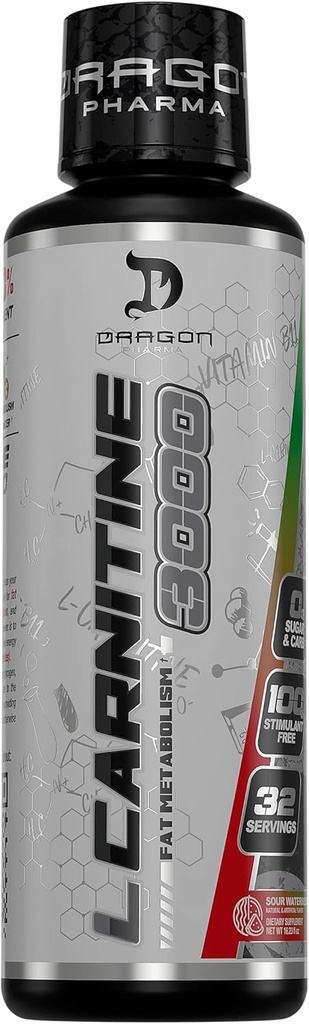 DRAGON PHARMA L-Carnitine 3000, supplément acide amino, augmentation de l'énergie disponible et de l'entraînement plus dur, soutient le contrôle de l'appétit (32 portions, pastèque aigre)