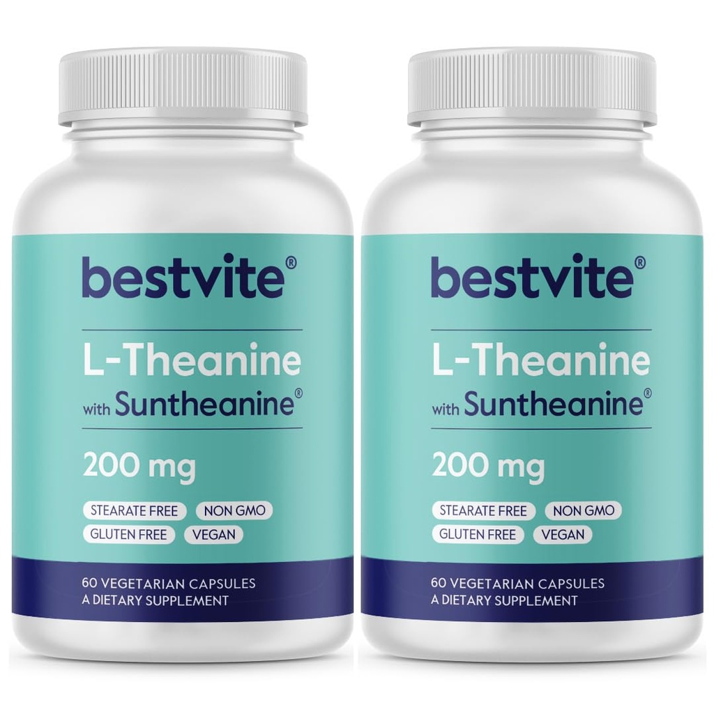 BESTVITE Double Strength Suntheanine L-Theanine 200mg – Breveté et cliniquement étudié – 120 capsules végétariennes (2 x 60) – Vegan – Pas de stéarate – Non OGM – Sans gluten – Soutien à la relaxation