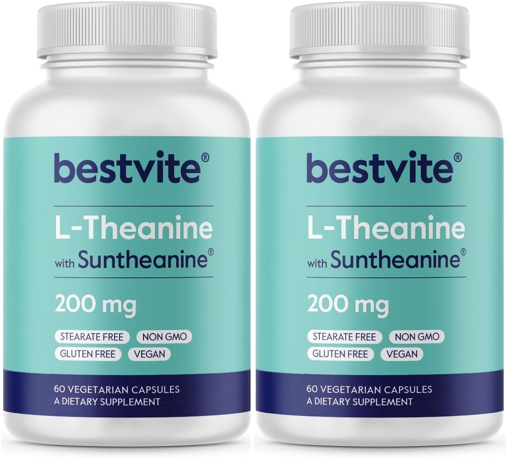BESTVITE Double Strength Suntheanine L-Theanine 200mg – Breveté et cliniquement étudié – 120 capsules végétariennes (2 x 60) – Vegan – Pas de stéarate – Non OGM – Sans gluten – Soutien à la relaxation