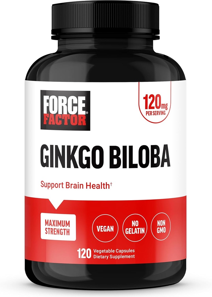 FACTEUR DE FORCE Ginkgo Biloba 120mg, Supplément santé cérébrale pour les adultes, Soutien cérébral maximal de Ginko et Supplément cognitif, Vegan, Non-OGM, 120 Capsules