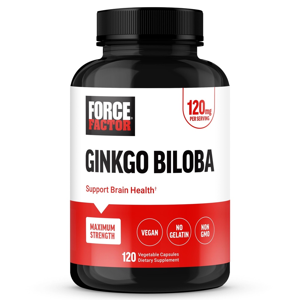 FACTEUR DE FORCE Ginkgo Biloba 120mg, Supplément santé cérébrale pour les adultes, Soutien cérébral maximal de Ginko et Supplément cognitif, Vegan, Non-OGM, 120 Capsules