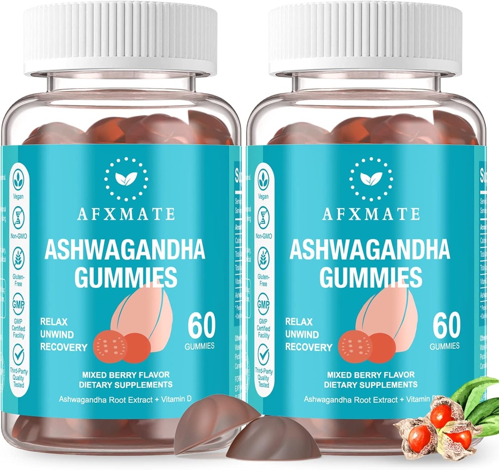 AFXMATE Ashwagandha Gummies & Vitamine D Gummies pour hommes et femmes 120 Compte Supplément Aswangdha (non-OGM, sans sucre et sans gluten)