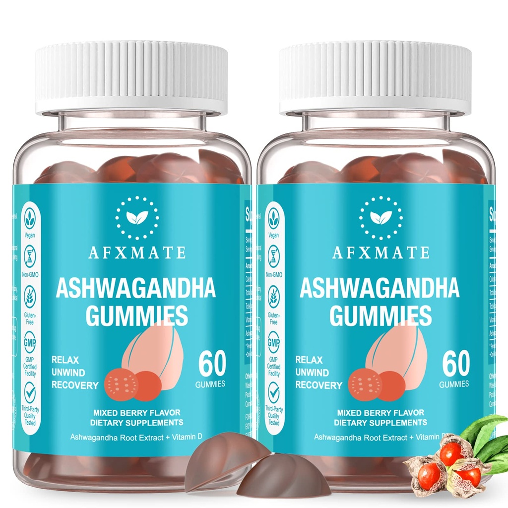 AFXMATE Ashwagandha Gummies & Vitamine D Gummies pour hommes et femmes 120 Compte Supplément Aswangdha (non-OGM, sans sucre et sans gluten)