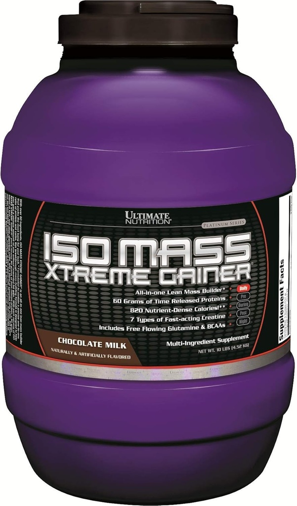 Nutrition Ultimate ISO Mass Xtreme Gainer, gain de poids en poudre de protéines avec de la créatine, 60 grammes de protéines, poudre de protéines isolées de lactosérum pour le gain musculaire maigre, 10 LBS avec 30 portions, chocolat