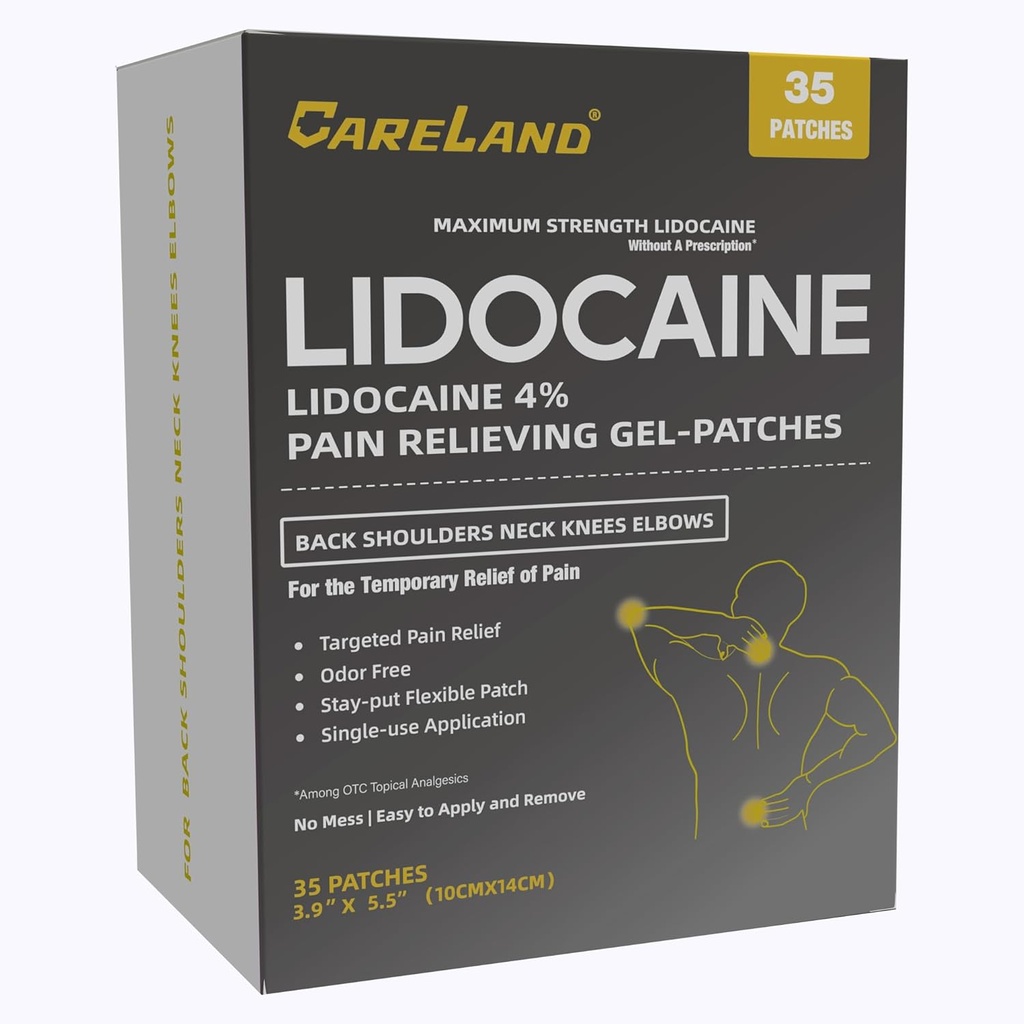 CARELANDE 4% Gel de lidocaïne Patch, 35 Compte maximum de la force Douleur Patchs pour soulager les muscles dans le dos du genou de cou et les épaules Patch de numération sans parfum pour les nerfs apaisants, les articulations