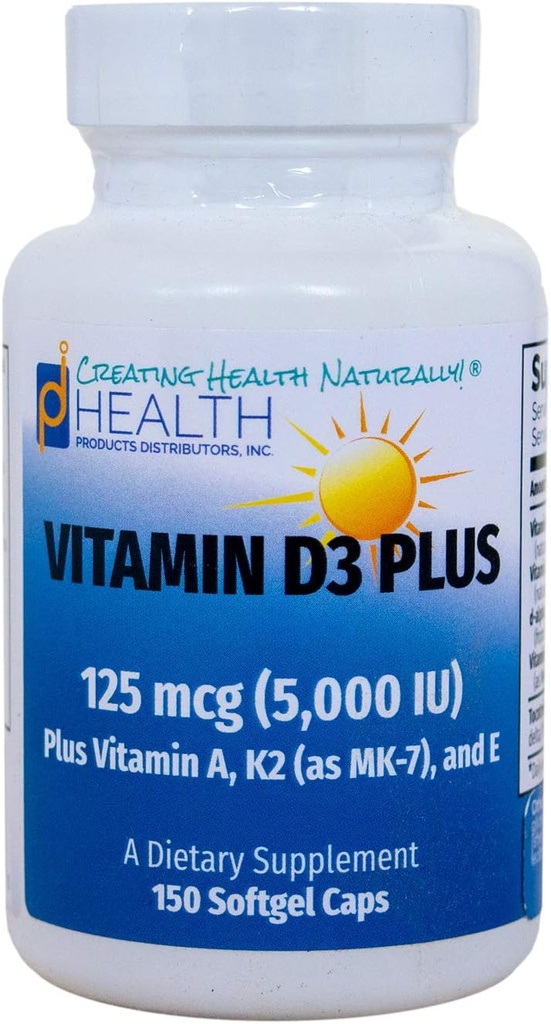 VITAMIN D3 PLUS –125 mcg (5000 IU) Vitamin D3 | Vitamin K2 (MK-7) and Vitamin A | Natural Form of Vitamin D | Includes Tocotrienols as Antioxidants | Non-GMO |150 Softgel Caps