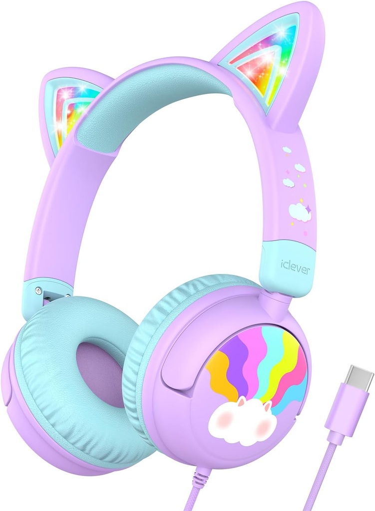 iClever Casques enfants USB C, LED Light Up, 85dBA Safe Volume, Stereo Sound Casques pour enfant pour école de voyage, casque pour enfant avec cordon pour tablettes iPad, Meow Lollipop-Purple