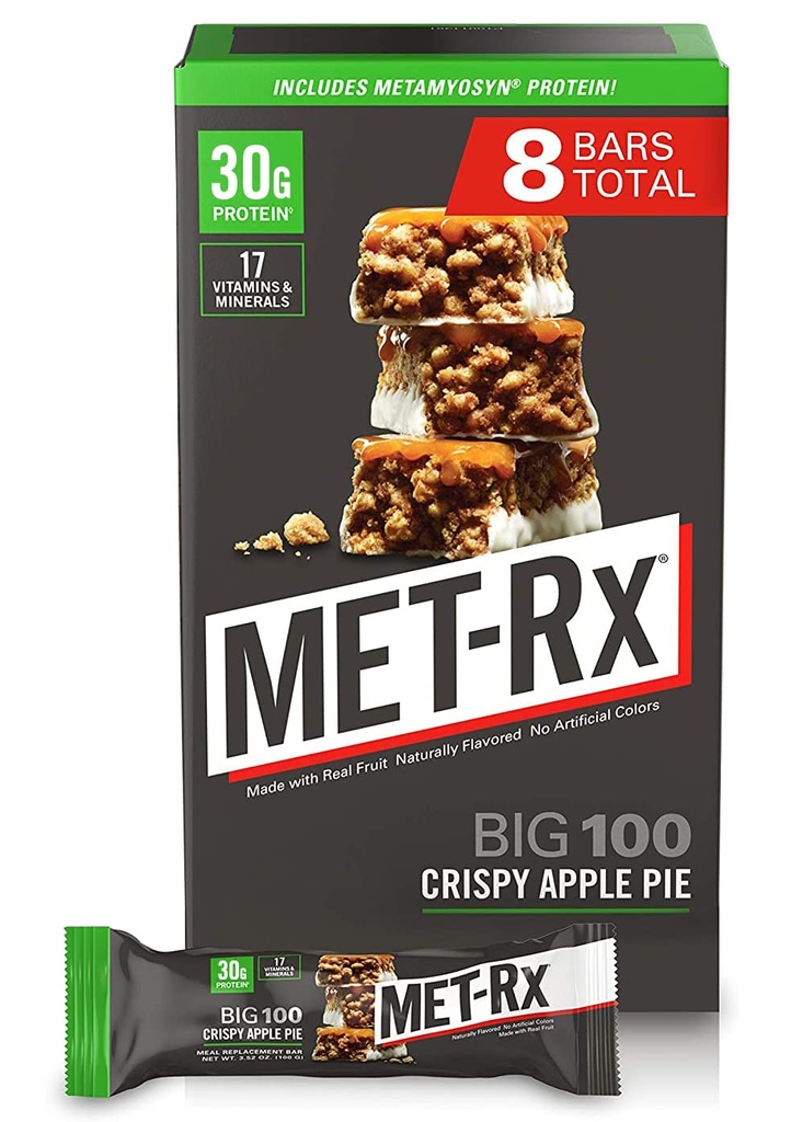 MET-Rx Big 100 Protein Bar, substitut de repas, 30G Protein, sans gluten, tarte aux pommes croustillantes, 3,52 oz. ea, 8 Compte (paquetage mai vary)