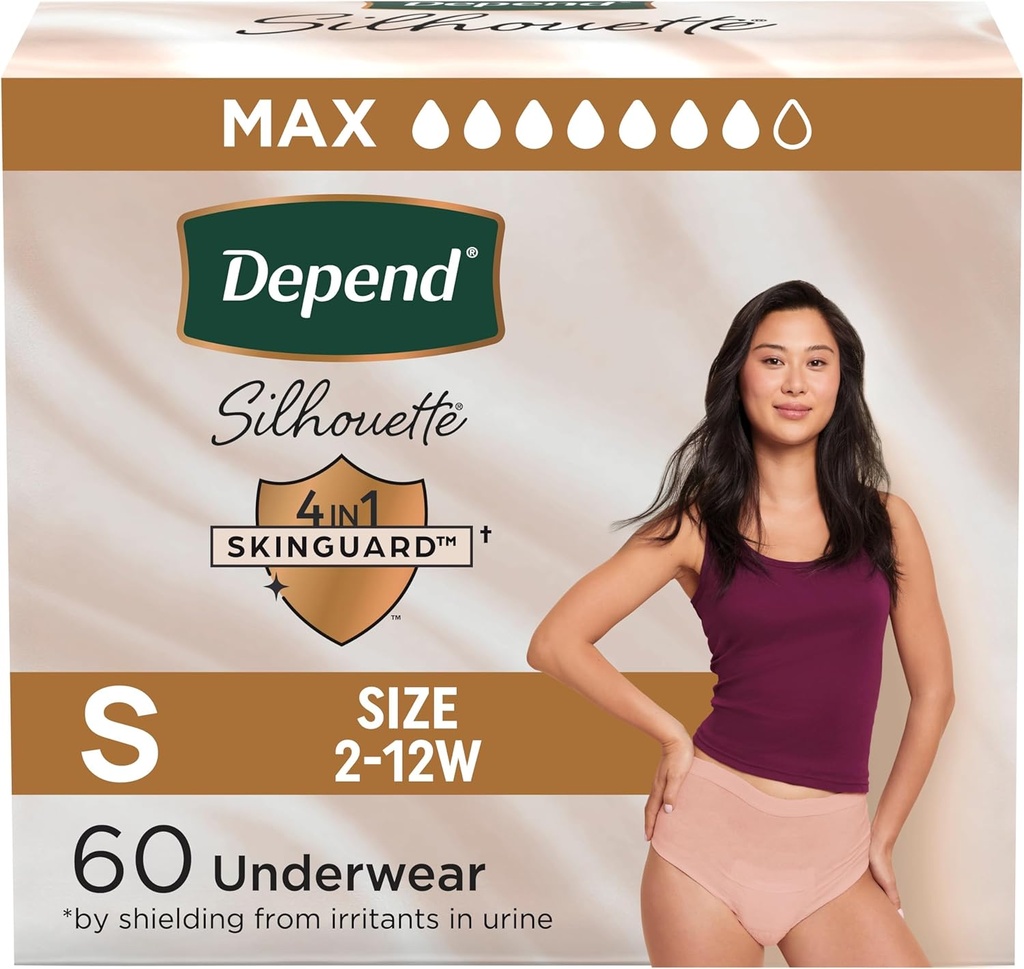 Depend Silhouette Couches adultes, Incontinence & Postpartum Bladder Sous-vêtements pour femmes, Absorbance maximale, Petite, Rose, 60 Compte (2 paquets de 30), Emballage May Vary