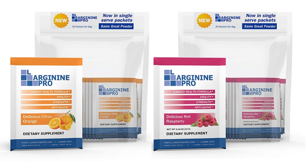 Supplément L-ARGININE PRO Poudre de 60 paquets de L-arginine Plus 1 100 mg L-Citrulline, framboise et orange