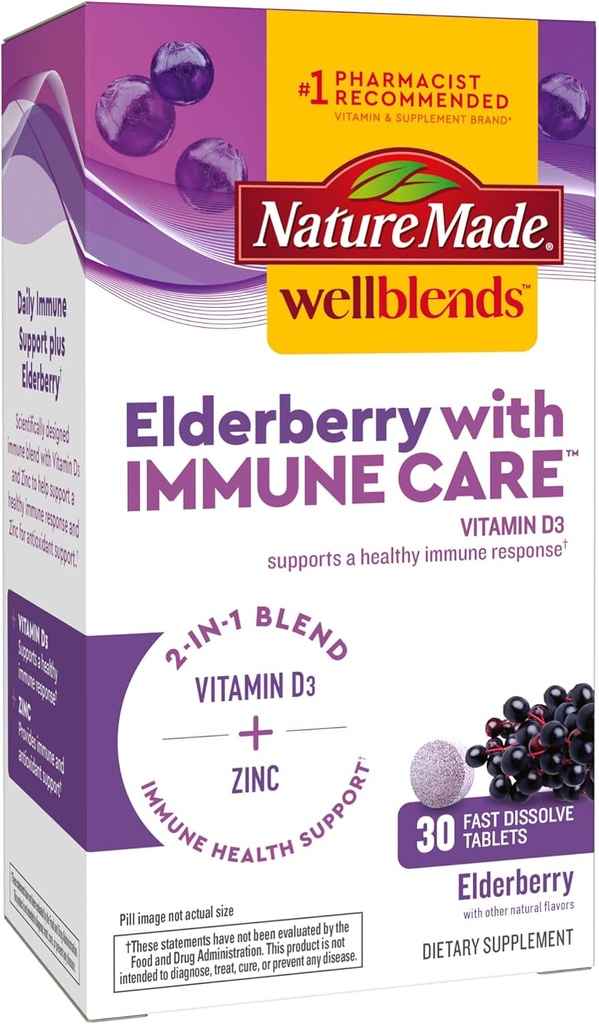 La nature fait Wellblends Elderberry avec ImmuneCare, Vitamine D3 et Zinc, avec de l'arôme de mûrier, 30 comprimés rapidement dissous