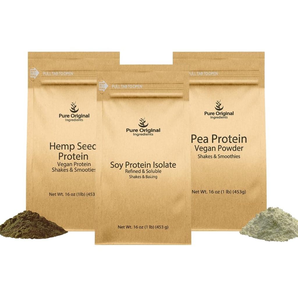 PURE ORIGINAL INGRÉDIENTS Poudre de protéines de pois, Poudre de protéines de soja et poudre de protéines de chanvre, 1 lb Chacun, Soothies & Shakes, Vegan