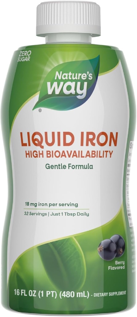 Nature's Way Liquid Iron, 100% Daily Value, 18 mg Iron as Ferric Glycinate per Serving, No Sugar Added, Berry Flavored, 16 Fl Oz (Packaging May Vary)