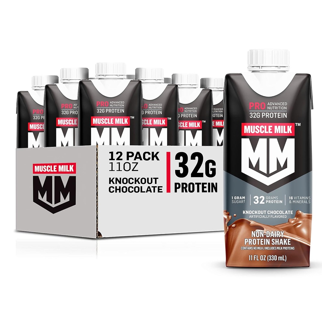 Muscle Lait Pro Nutrition avancée Protein Shake, Chocolat Knockout, 11 Fl Oz Carton, 12 Pack, 32g Protéines, 1g Sucre, 16 Vitamines et Minéraux, 5g Fibre, Récupération d'entraînement, Emballage Mai Varier