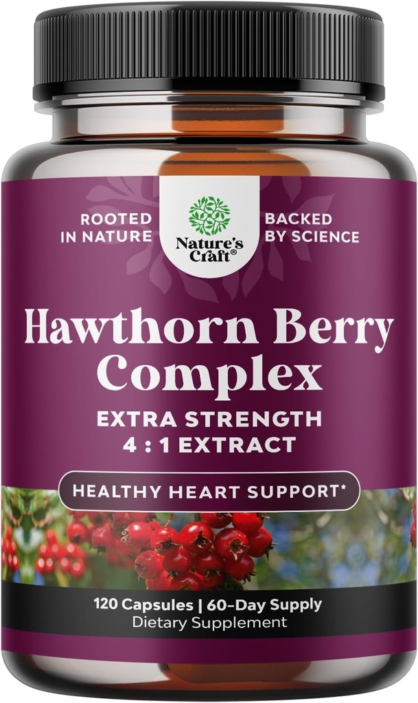 Capsules de Berry Hawthorn haute résistance - Supplément de Berry Hawthorn antioxydant pur avec extrait de feuilles et de fleurs 4:1 pour le coeur sain et la digestion - Soutien énergétique pour les hommes et les femmes - 120 Count Pack