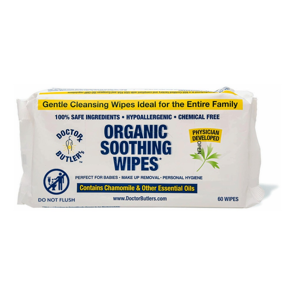 Wipes apaisantes du docteur Butler – Wipes humides tout-puissantes pour la peau sensible, Wipes faciales et Wipes pour bébés avec camomille et huiles essentielles* (1 paquet – 60 comte)