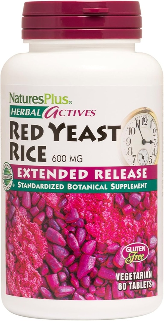 NaturesPlus Actifs à base de plantes Riz rouge de levure, libération prolongée - 600mg, 60 comprimés végétaliens - Supplément à base de plantes - Soutien au cholestérol - Végétarien, sans gluten - 60 portions