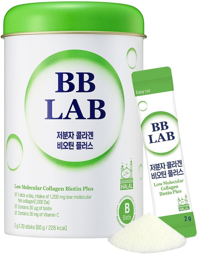 BB LAB Low Molecular Collagen Biotin Plus, Collagène Halal, Supplément en poudre, Collagène marin coréen, Peptides de collagène de poisson, Biotine, Vitamine C, Absorption rapide, Brillant Muscat Flavor