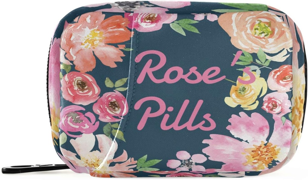 Custom Pill Box 7 Day Pill Case Bag Aquarelle Fleur Florale Nom Personnalisé Voyage Pill Organizer Bag avec Zipper Portable Weekly Case Taille compacte pour le support de supplément de vitamine