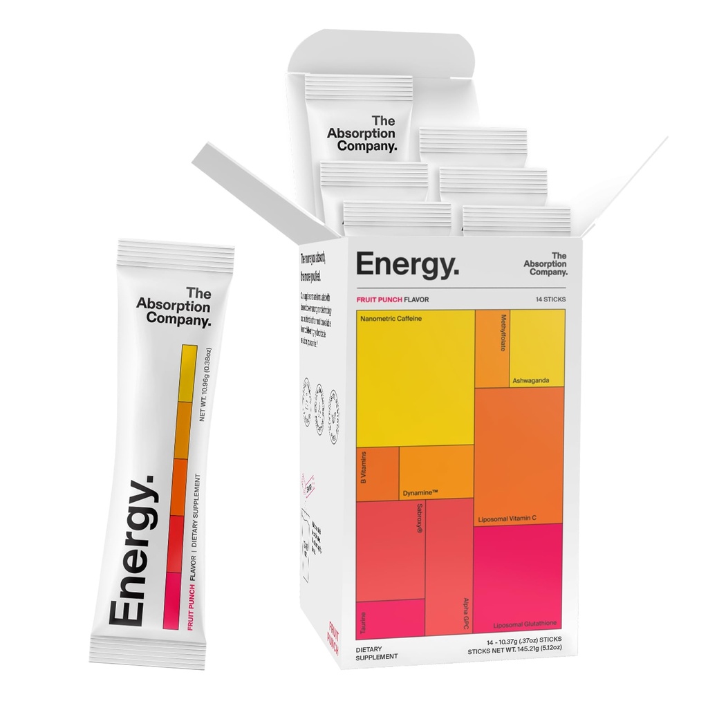 La société Absorption Energy Drink Powder Mix Packets – Un booster d'énergie propre pour soutenir l'alerte avec 150mg de caféine naturelle et vitamine C – Fruit Punch Flavor, 14 bâtons
