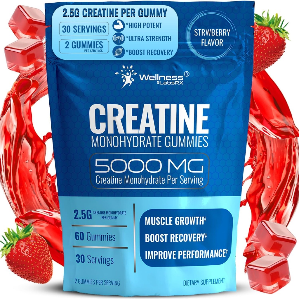 Gommies de créatine 5000mg, 30 portions Gommies monohydratées de créatine - Créatine testée par des tiers pour les femmes, créatine à saveur de fraise pour les hommes, croissance musculaire, force et rétablissement - lot de 1