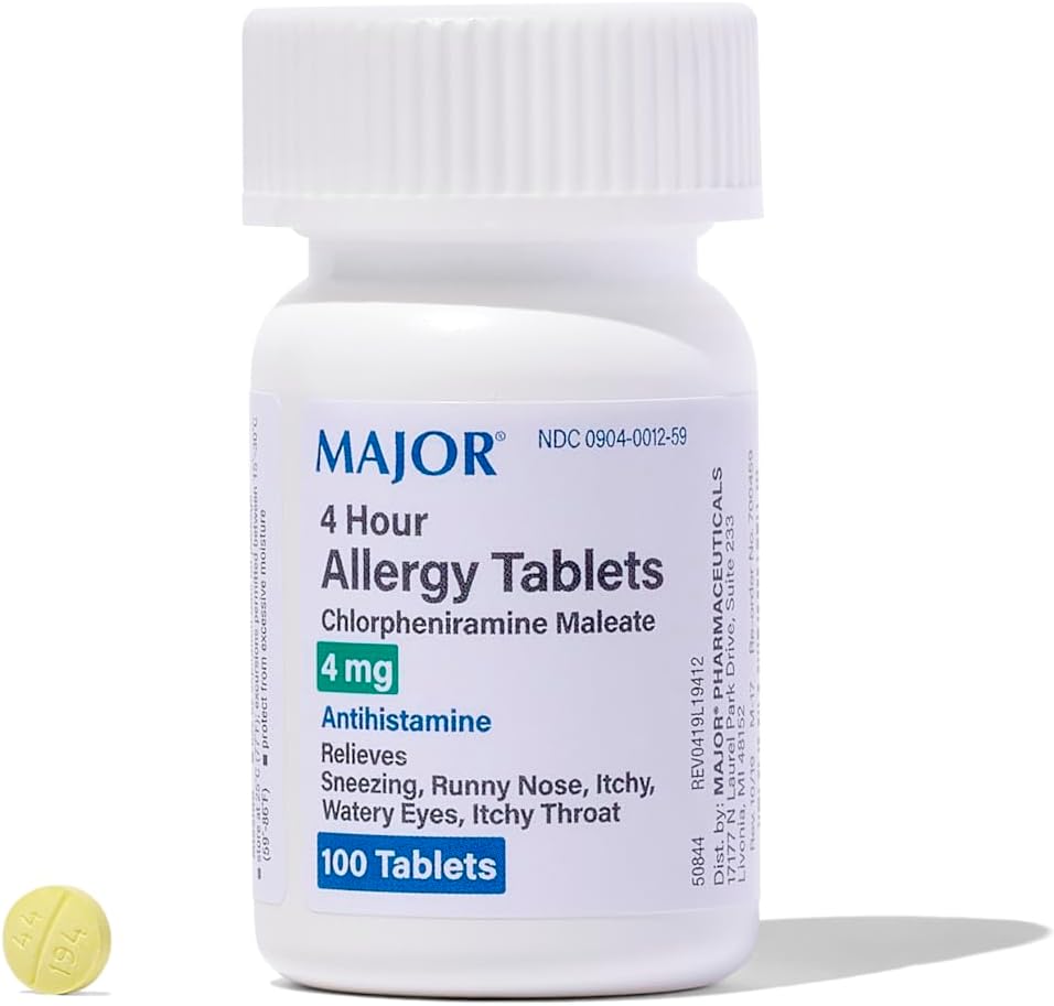 MAJOR 4 Mg Comprimés allergènes - Chlorphéniramine Maléate 4 heures Allergie Médecine - Antihistamine pour soulager les éternuements, les yeux aqueux démangeaisons, la gorge démangeantelée et le nez runny - 100 Compte (1 paquet)