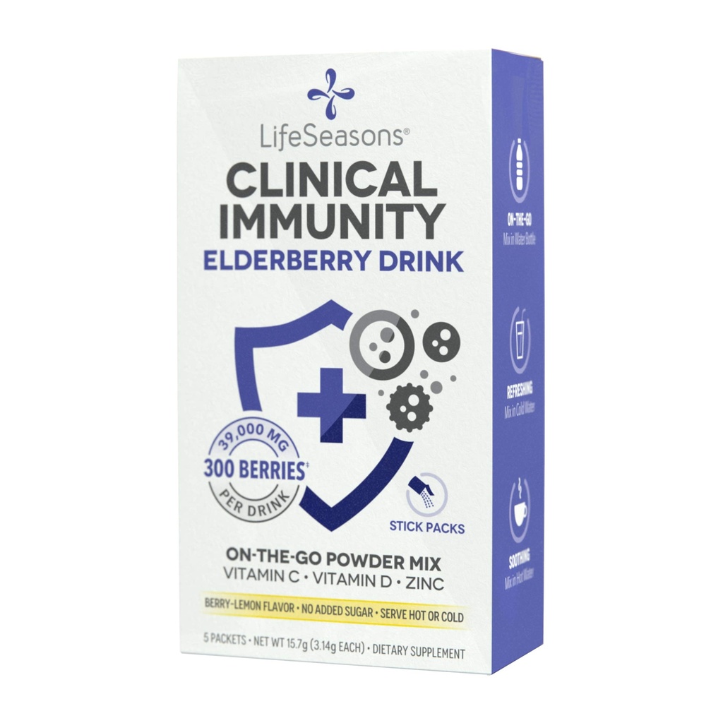 LifeSeasons Immunité clinique - Mélange de boissons aux mûres aînées - Protège et combat pour une réponse immunitaire saine - Booster d'immunité - 3X mieux que la vitamine C - Servir chaud ou froid - Vitamine C + D + Zinc - (5 Pack)