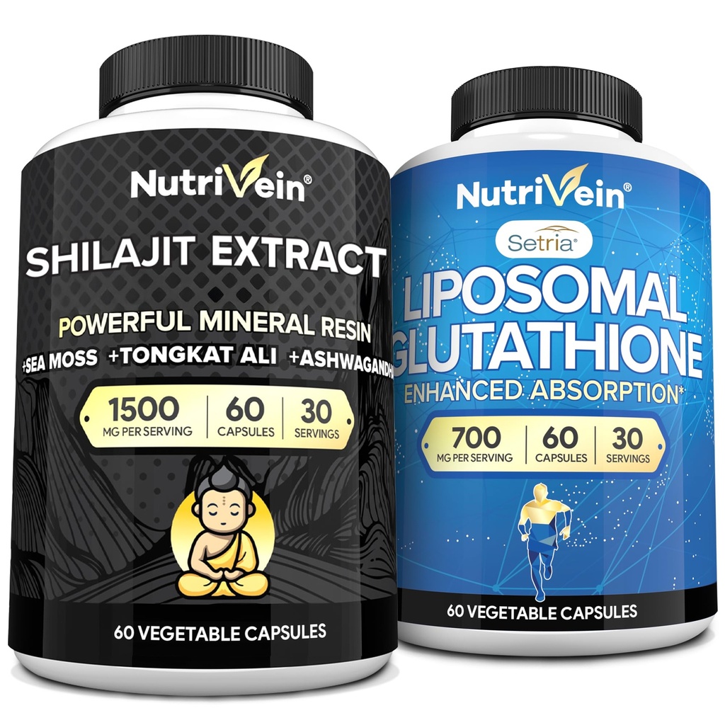 Nutrivein Premium Shilajit Capsules & Supplément de glutathion liposomique: Glutathion à haute absorption Capsules Liposomales & Shilajit pour hommes et femmes - Foie, Detox et Vitalité