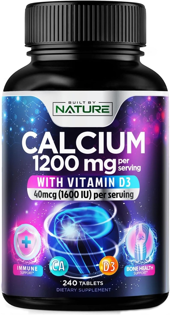 Calcium 1200mg avec vitamine D3 pour la meilleure absorption - Supplément avancé de soutien aux os, 1200 mg de carbonate de calcium et 1600 UI de vitamine D3, libération lente pour le soutien immunitaire, facile à avaler, 240 comprimés