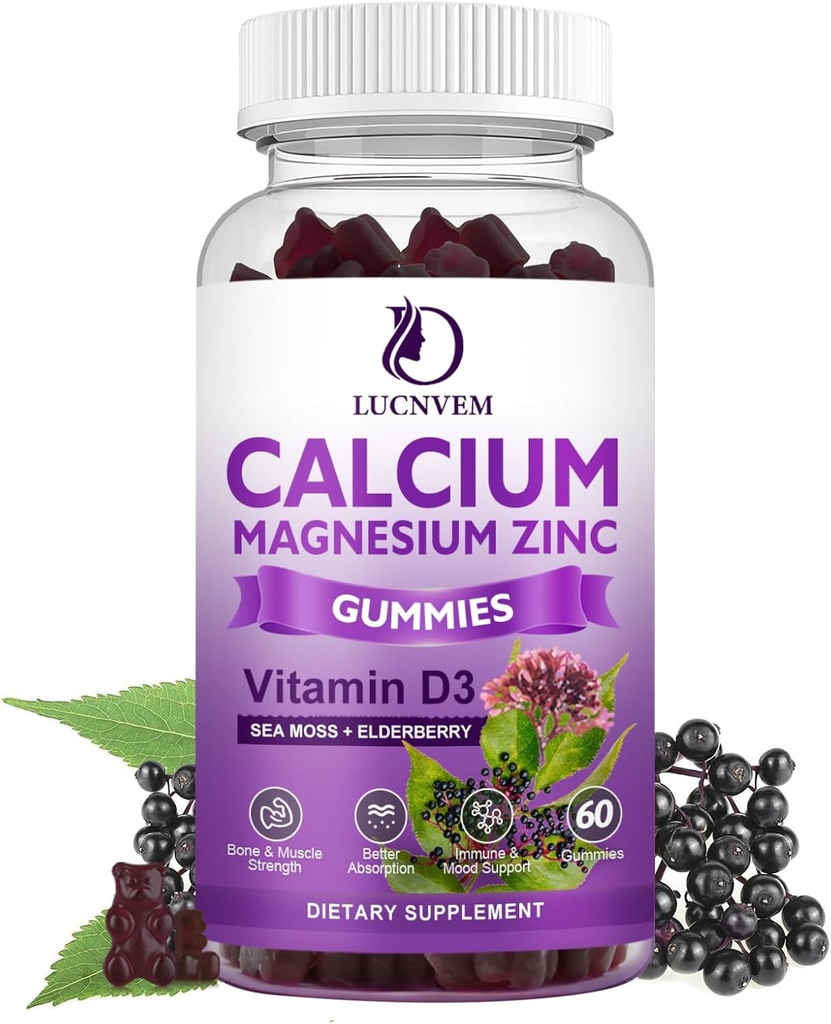Gommies de zinc de magnésium sans sucre avec la myrtille et la mousse de mer, Magnésium de calcium 2:1, Glycinat de magnésium, potassium et vitamine D3 pour les os, les muscles, l'humeur calme et le soutien du sommeil, 60 Gommies