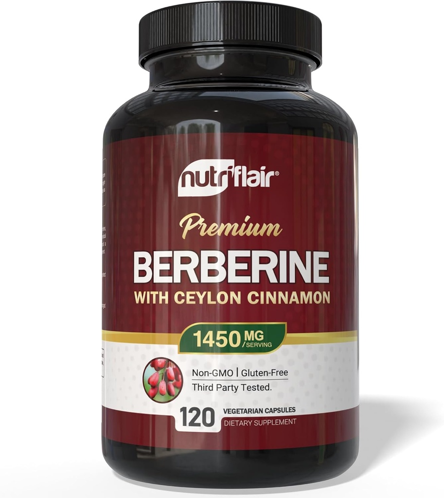 NutriFlair Berberine avec Ceylan Cinnamon 1450mg Supplément – 120 Capsules Formule à haute puissance avec Berberine HCl et Ceylan biologique Cinnamon.