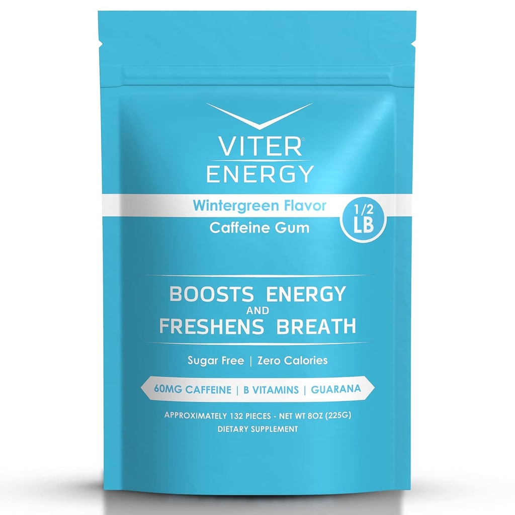 Viter Énergie Gum caféiné 60mg caféine, B vitamines, Guarana, sans sucre. (Wintergreen, 8oz, sac en vrac)