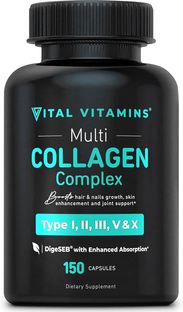 Vitamines vitales Multi collagène pour les femmes et les hommes - Type I, II, III, V, X - Foie herbeuse, Non-OGM - 150 capsules