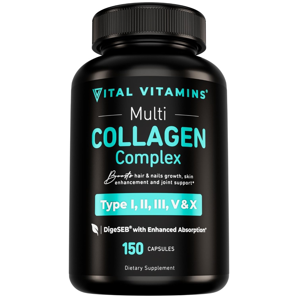 Vitamines vitales Multi collagène pour les femmes et les hommes - Type I, II, III, V, X - Foie herbeuse, Non-OGM - 150 capsules