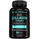 Vitamines vitales Multi collagène pour les femmes et les hommes - Type I, II, III, V, X - Foie herbeuse, Non-OGM - 150 capsules