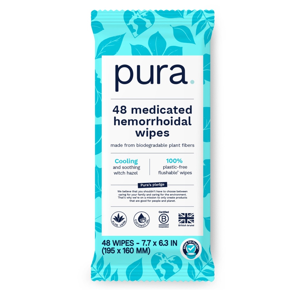 Wipes hémorroïdes flushables pour pura XL, 48 Compte, médicamentée avec Hazel de la sorcière de refroidissement, huile d'aloès et de noix de coco, soulagement rapide, sans parfum, 100% sans plastique
