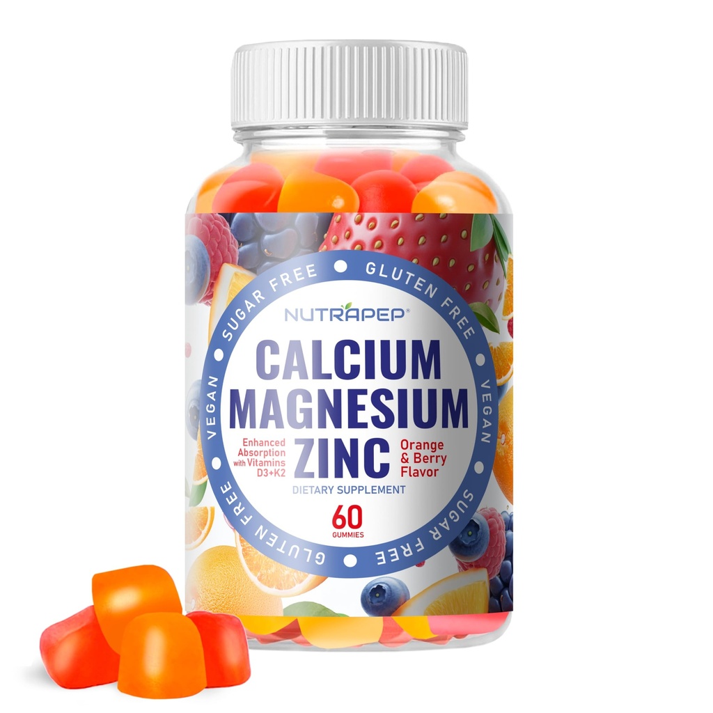 Gommies supplément de zinc de magnésium de calcium - avec vitamine D3 K2 glycinate de magnésium - orange Berry aromatisé végétalien sans sucre sans gluten à croquer pour les hommes femmes enfants