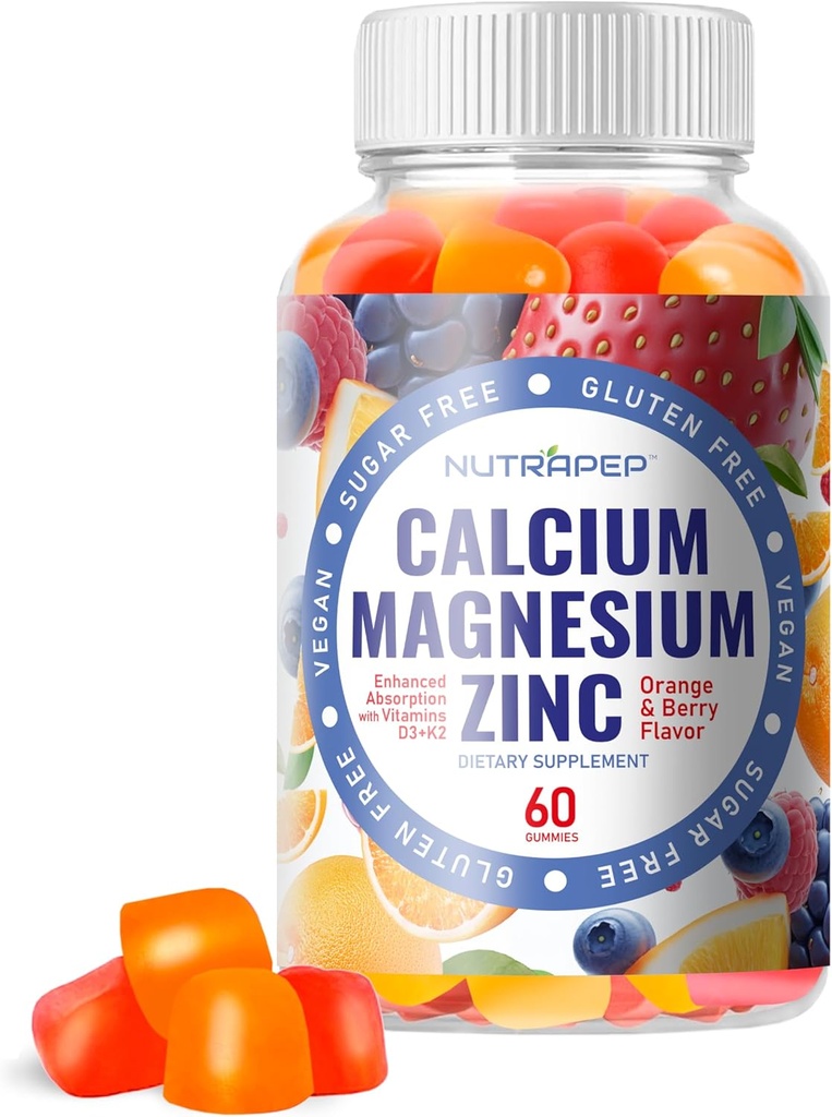 Gommies supplément de zinc de magnésium de calcium - avec vitamine D3 K2 glycinate de magnésium - orange Berry aromatisé végétalien sans sucre sans gluten à croquer pour les hommes femmes enfants