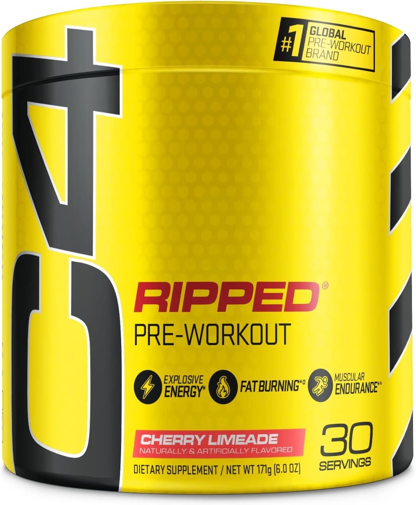 Cellucor C4 Ripped Pre Workout Poudre pour l'énergie, Beta Alanine, Supplément d'énergie sans sucre Préentraînement pour les hommes et les femmes - 150mg Caféine + Sans créatine - Cimonade de cerise - 30 portions
