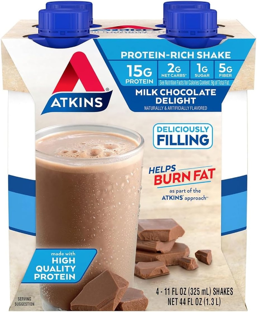 Atkins Lait Chocolat Délice Protein Shake, 15g Protéines, Faible Glycémie, 2g Net Carb, 1g Sucre, Keto Friendly, 4 Compte