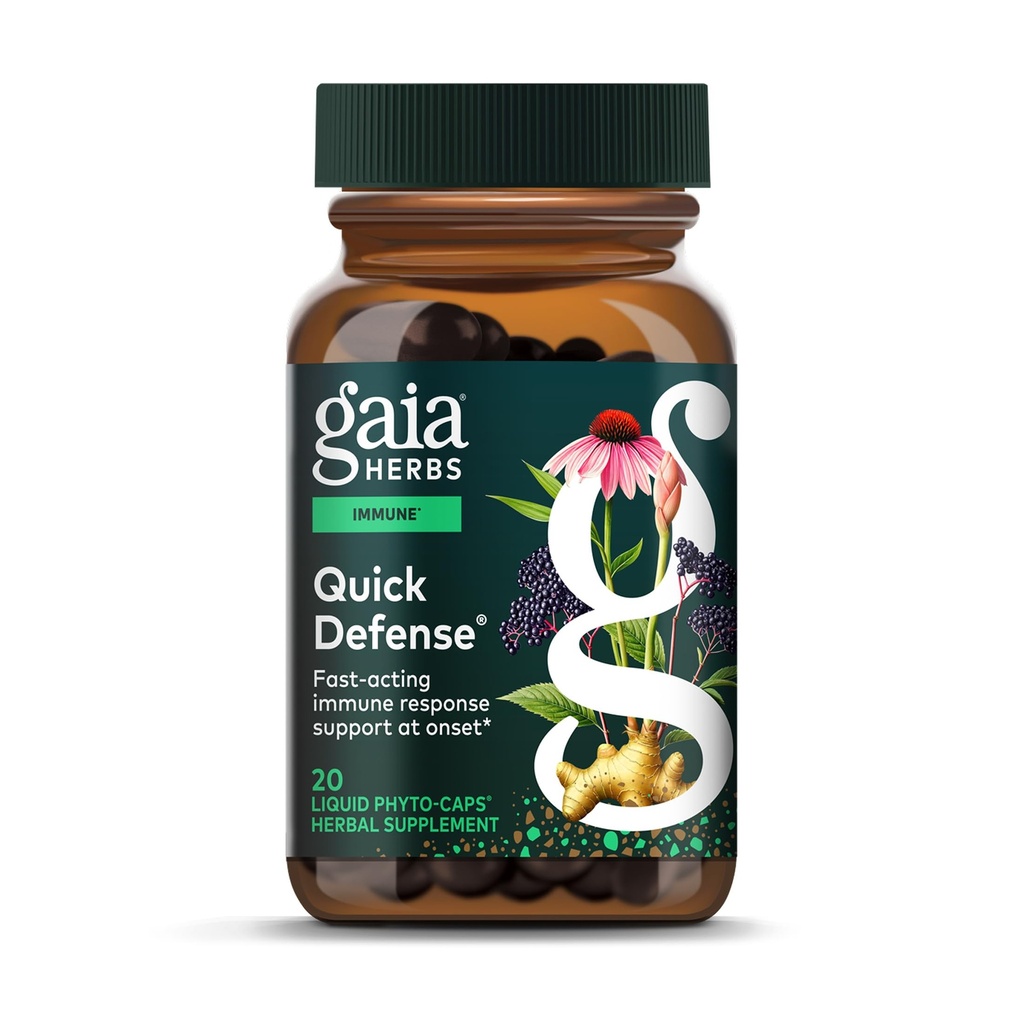 Gaia Herbs Quick Defense - Supplément de soutien immunitaire à action rapide* - Echinacea, Black Elderberry, Ginger & Andrographis - 20 phytocapsules liquides végétaliens (2 jours)