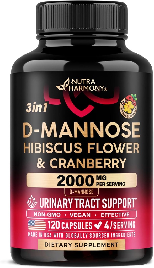 D-Mannose 2000mg avec canneberge et Hibiscus - Résistance testée cliniquement pour la santé urinaire - Supplément pour les femmes - Soutien de la vésicule, foie et microflore - Fabriqué aux États-Unis - Vegan, 120 capsules