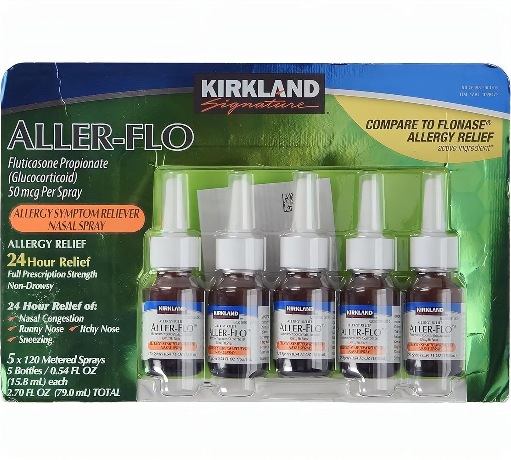 KIRKLAND Signature Aller-Flo Propionate de Fluticasone (Glucorticoïde) 5 bouteilles x 120 pulvérisateurs à dose 0,54 Fl OZ par bouteille (15,8 mL x 5) 2,70 OZ Total (79 mL Total) 600 Total, 1 emballage