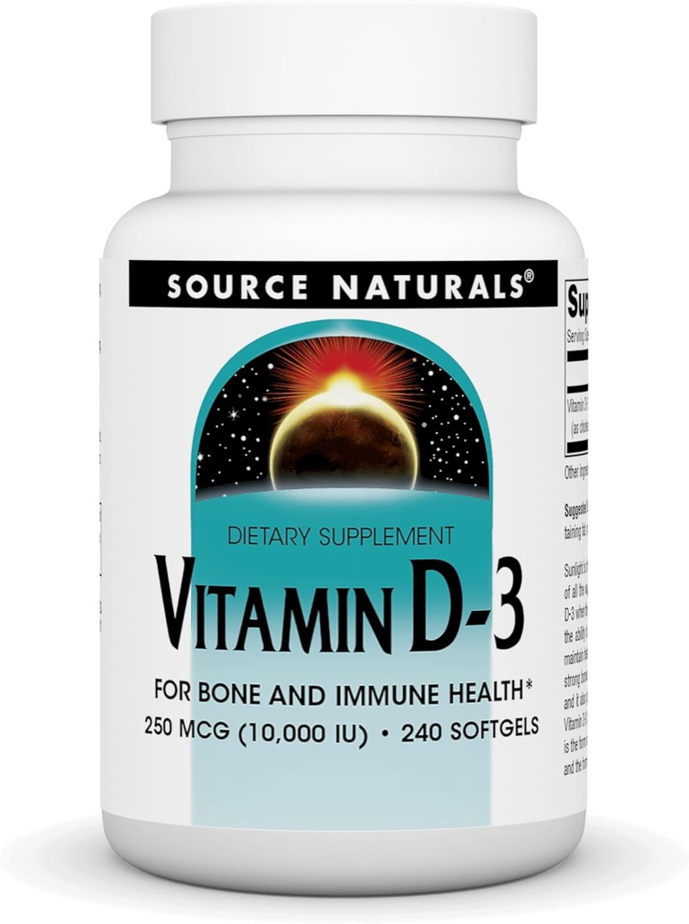 Source Naturals Vitamine D-3, soutient la santé osseuse et immunitaire*, 250 mcg (10 000 UI) - 240 Softgels