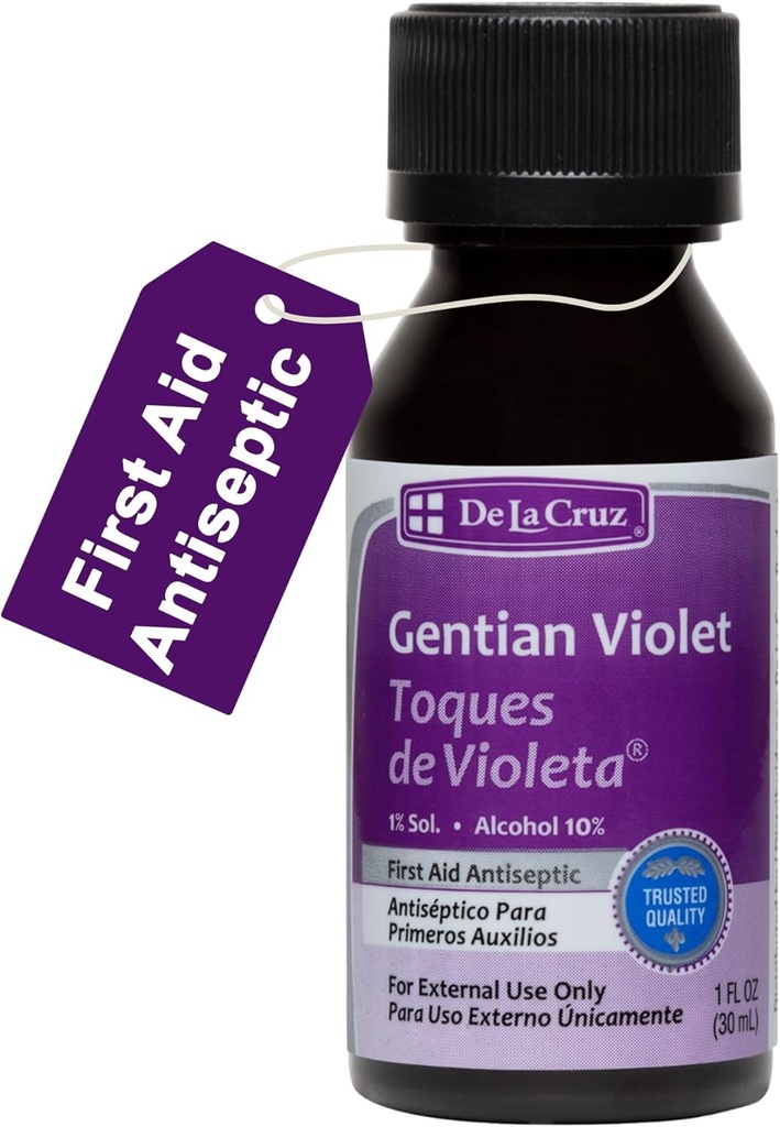 De La Cruz Gentian Violet - Violeta de Genciana 1% Premiers soins Antiseptiques pour les coupures, éraflures et brûlures, 1 FL OZ