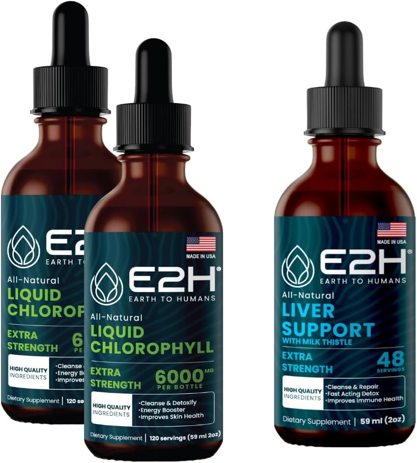 E2H: Chlorophyll Liquid Drops (2 Pack - 4 Fl Oz) et supplément de soutien du foie (Bouteille simple - 2 Fl Oz)
