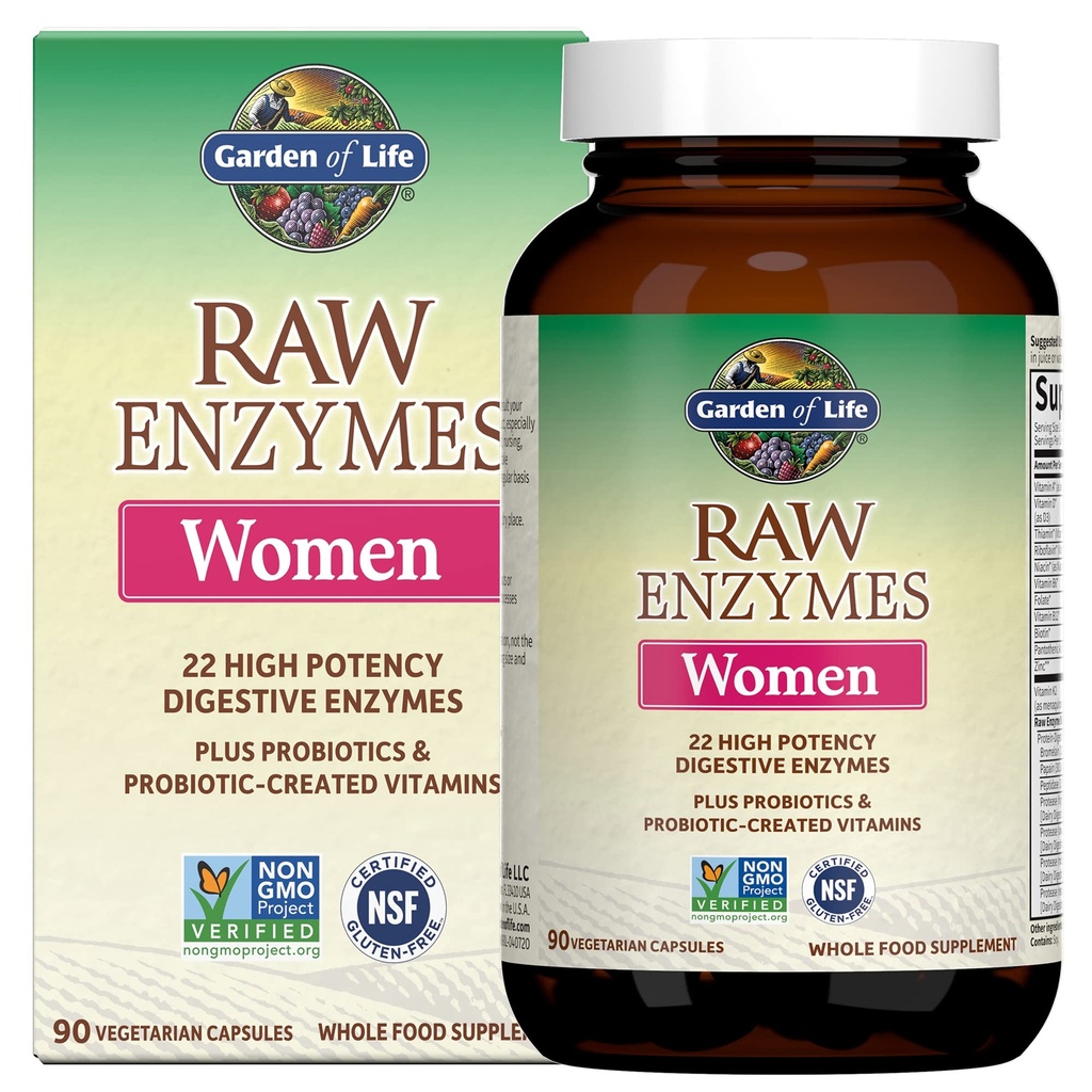 Jardin de vie 22 Enzymes crus puissants pour les femmes avec Papaine, Bromelain, Lactase plus Probiotiques et Vitamines B12, Biotine et Zinc, Supplément diététique avec enzymes digestives, Végétarien, 90 Capsules